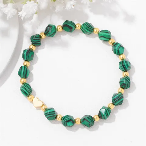 Faceted Natural Stone Bead Bracelet Gold Alloy Heart Pendant Elastic Friendship Jewelry For Women Men Unisex Minimalist Stone Bracelet Gift