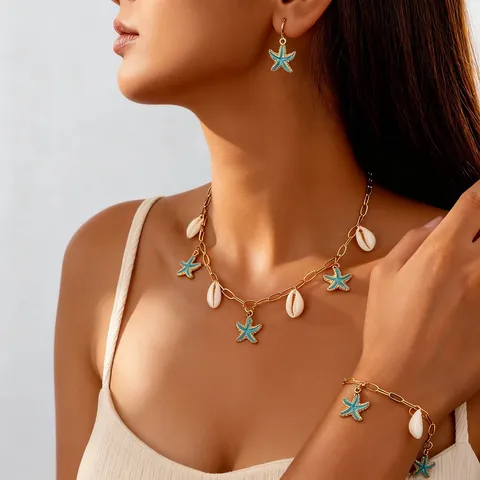 Ensemble de Bijoux Étoile de Mer et Coquillage pour Femmes en Alliage de Zinc Plaqué Or Émail Collier Bracelet Boucles d'Oreilles