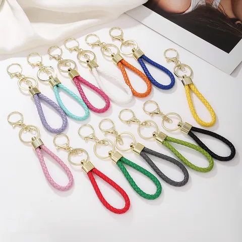 Handmade Braided PU Leather Keychain For Car Keys Purse Bag Pendant Metal Ring Accessory Gift For Men Women