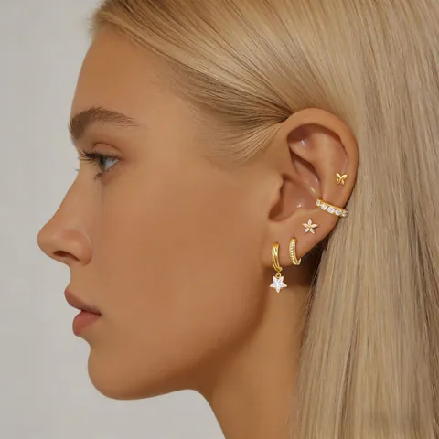 Pendientes de Botón de Cobre Chapado en Oro de Lujo Mariposa Estrella Flor Con Strass Joyería Para Mujer