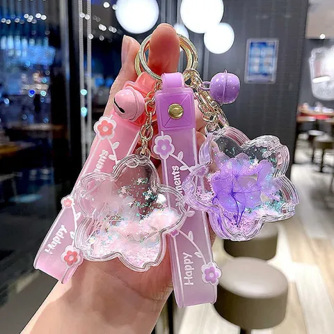Cherry Blossom Quicksand Keychain Acrylic Everlasting Flower Petal Bag Pendant Clear Sakura Keyring With Bell Strap For Bag Charm