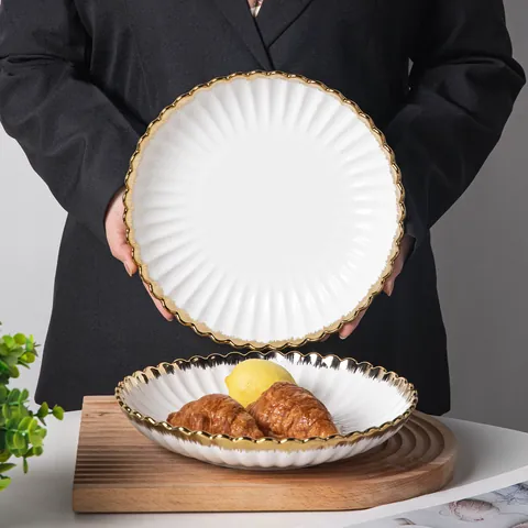 European Minimalist White Ceramic Plate With Gold Rim Scalloped Wave Edge Porcelain Dinnerware For Steak Salad Buffet Home