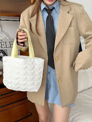 Cute Quilted Heart Handbag For Women Cotton Soft Tote Bag Students Lunch Box Bag Shopping Storage Handheld Bag