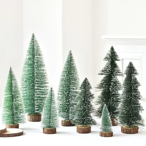 Mini Snowy Cedar Christmas Tree Ornament With Natural Wood Base Flocked Artificial Pine Needle Desktop Decoration Holiday Decor