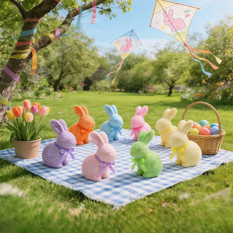 Glitzer PU Osterhase Dekoration Bunte Sitzende Hasen Statue Mit Schleife Für Frühling Party Garten Zuhause Dekoration
