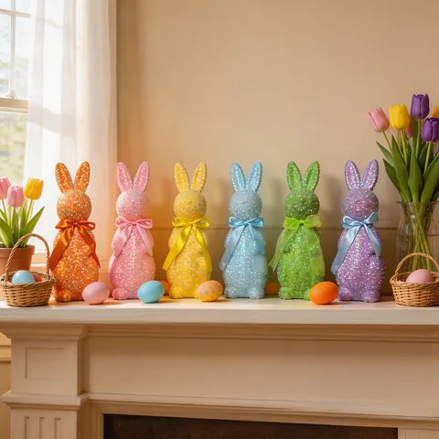 Osterhase Kaninchen Glitzer Pailletten Stehende Dekoration Macaron Farbe Feiertag Figur Mit Schleife Für Festliche Haus Tischdeko