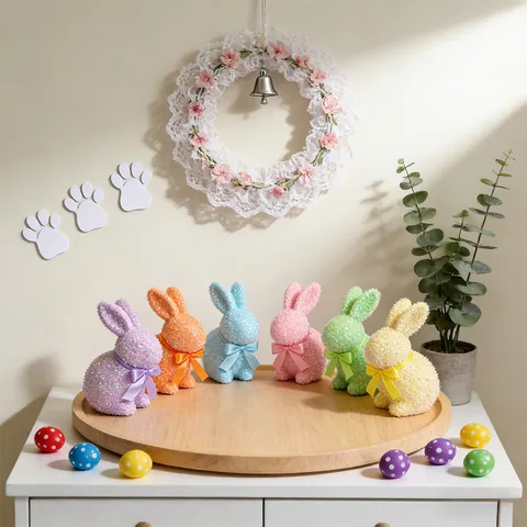 Glitzer PU Osterhase Dekoration Bunte Sitzende Hasen Statue Mit Schleife Für Frühling Party Garten Zuhause Dekoration