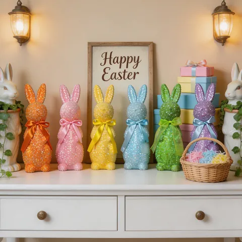 Osterhase Kaninchen Glitzer Pailletten Stehende Dekoration Macaron Farbe Feiertag Figur Mit Schleife Für Festliche Haus Tischdeko