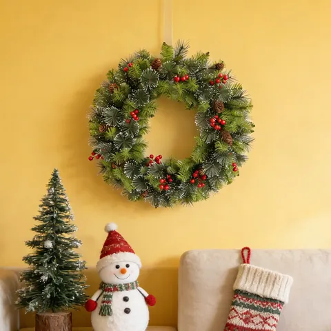 Künstlicher Weihnachtskranz Mit Tannenzapfen Und Roten Beeren Schneebedeckte Tannennadelgirlande Für Haustür Wand Fenster Feiertagsdekoration Hausdekor