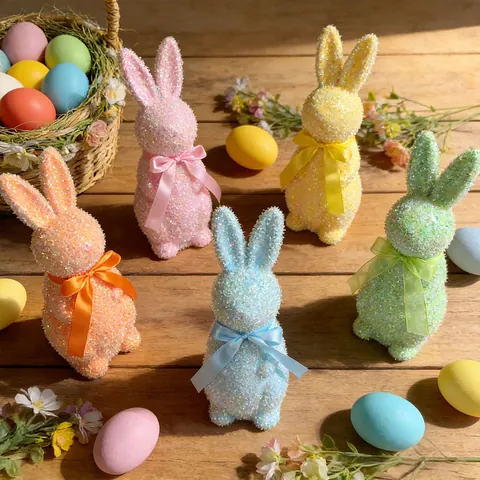 Easter Bunny Figurine Glitter Sequin PU Rabbit Ornament With Bow Macaron Color Home Festival Desktop Decorative Gift