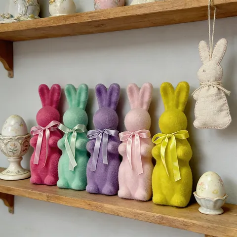 Easter Flocked Rabbit Figurine Moss Bunny Statue With Silk Bowknot Spring Home Tabletop Decoration For Easter Party Supplies Gift