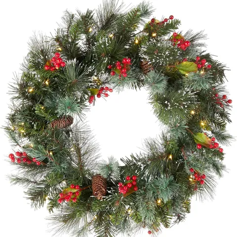 Weihnachtskranz Für Haustür Wanddekoration Mit Warmen LED-Lichtern Natürlichen Tannenzapfen Roten Beeren Schneebeflockte Kieferngirlande