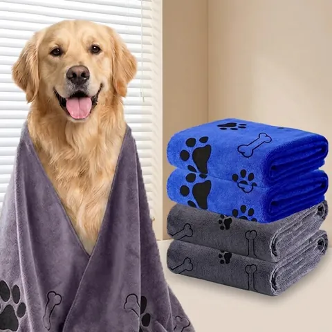 Super Absorbent Microfiber Pet Bath Towel Fast Drying Thickened Dog Drying Towel With Paw Bone Print For Cats Dogs Large