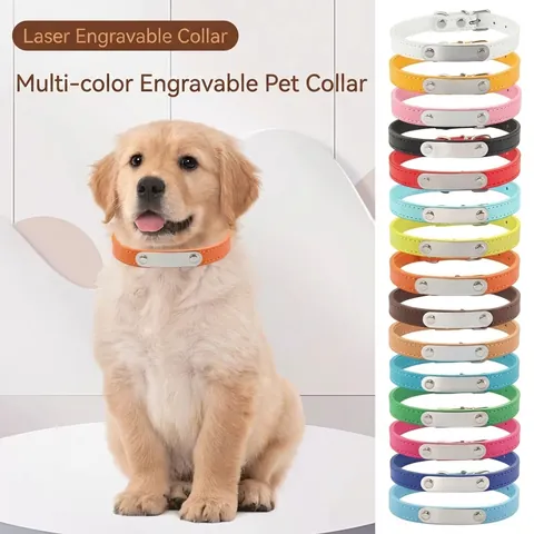 Durable PU Leather Pet Collar with Stainless Steel Engravable ID Tag Anti-Lost Dog Cat Neck Strap with Alloy Buckle