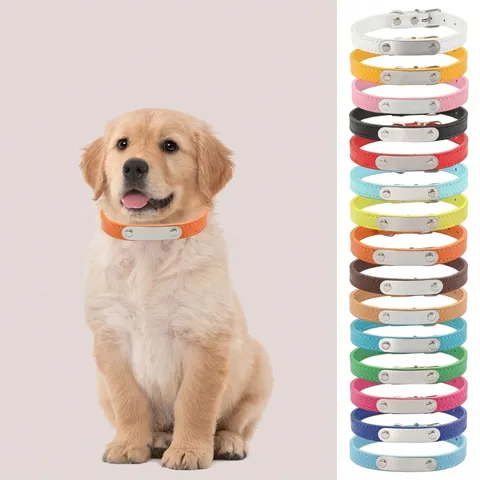 Collar de Cuero PU para Mascotas Duradero con Placa de Identidad de Acero Inoxidable Grabable Correa de Cuello Anti-Pérdida