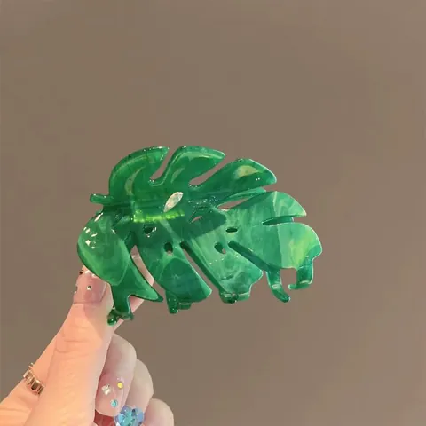 Niche Acetate Monstera Leaf Hair Claw Clip For Women Fashion Green Marble Texture Shark Clip Hair Accessories Daily Commute Gift
