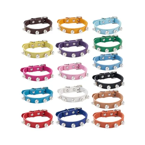 Adjustable PU Leather Pet Collar With Artificial Pearl Rhinestone Rivets Fashion Dog Necklace For Small Medium Dogs Cats