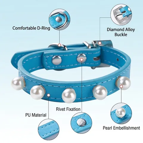Adjustable PU Leather Pet Collar With Artificial Pearl Rhinestone Rivets Fashion Dog Necklace For Small Medium Dogs Cats