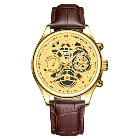 Wokai Men's Sport Quartz Watch With Gold Tone Case And Crocodile Pattern PU Leather Strap Skeleton Dial Fashion Business Wristwatch
