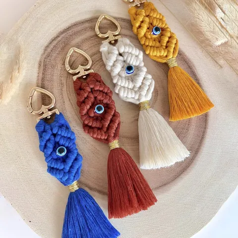 Bohemian Handwoven Tassel Keychain With Evil Eye Heart Clasp Cotton Thread Macrame Bag Charm Ethnic Key Ring Pendant Jewelry
