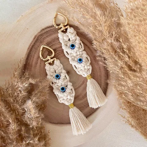 Bohemian Handwoven Tassel Keychain With Evil Eye Heart Clasp Cotton Thread Macrame Bag Charm Ethnic Key Ring Pendant Jewelry