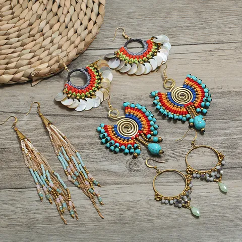 Bohemian Ethnic Hand Woven Drop Earrings Retro Vacation Alloy Cotton Rope Rhinestone Long Dangle Earrings Jewelry For Women