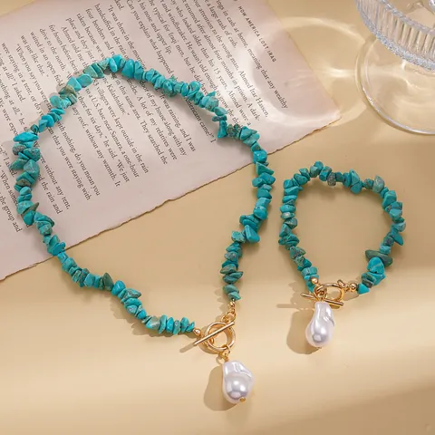 Bohemian Turquoise Stone Toggle Clasp Necklace Bracelet Set For Women Vintage Baroque Artificial Pearl Pendant Jewelry