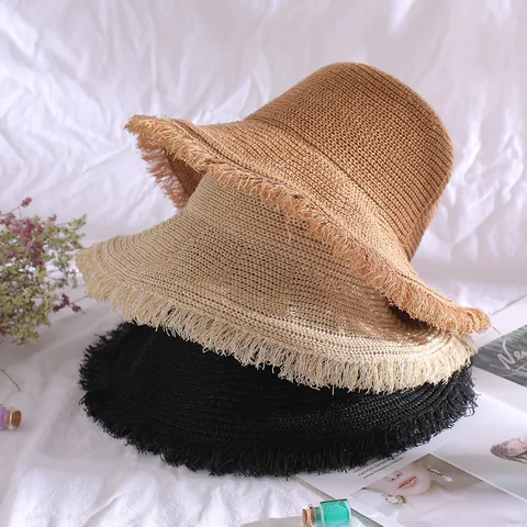 Women's Summer Large Brim Frayed Edge Straw Bucket Hat Breathable Sunshade Beach Sun Hat For Outdoor Vacation Travel