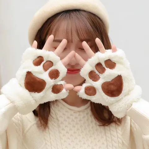 Cute Cat Paw Half Finger Plush Gloves For Women Winter Warm Soft Faux Fur Fingerless Mittens With Neck Strap Bear Paw Mitts