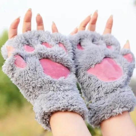 Cute Cat Paw Half Finger Plush Gloves For Women Winter Warm Soft Faux Fur Fingerless Mittens With Neck Strap Bear Paw Mitts