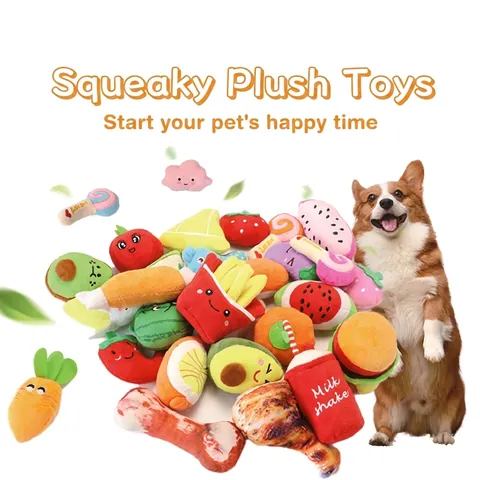 Plush Squeaky Dog Toy Food Fruit Vegetable Shape Molar Teeth Cleaning Boredom Relief Interactive Puppy Chew Toy For Small Medium Dogs