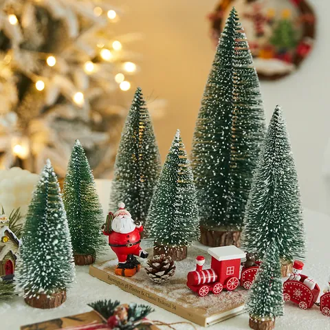 Mini Flocked Artificial Christmas Tree with Wooden Base for Desktop Decor White Snow Cedar Small Xmas Tree for Holiday Scene Setup