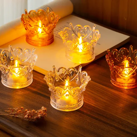 LED Crown Electronic Candle Light Crystal Texture Warm Yellow Light Decoration For Birthday Party Wedding Home Decor Plastic LED Tea Light