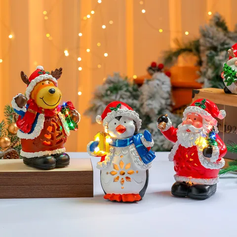 Christmas Music Glow Resin Ornament Santa Claus Penguin Deer Figurine With LED Light Festive Home Decor Hotel Decoration