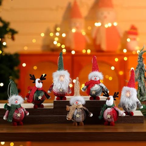 Christmas Fabric Ornaments Plush Santa Snowman Reindeer Pendants With Star Plaid Pattern For Christmas Tree Decor Gift