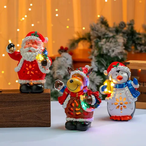 Christmas Music Glow Resin Ornament Santa Claus Penguin Deer Figurine With LED Light Festive Home Decor Hotel Decoration