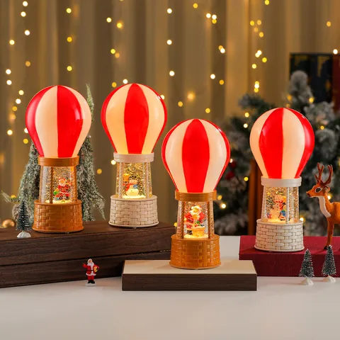 Christmas Hot Air Balloon Snow Globe Music Box With LED Light Water Injection Snowing Effect Resin Plastic Ornament Holiday Gift