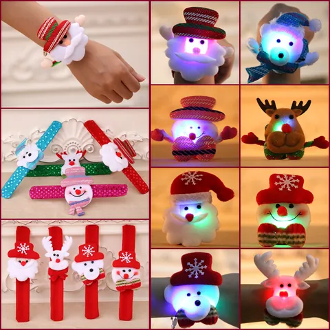 Christmas Slap Bracelet for Kids LED Glowing Holiday Decor Plush Sequin Slap Wristband Santa Claus Snowman Reindeer Gift