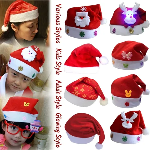 Christmas Santa Claus Hats for Adults and Kids LED Light Up Cartoon Plush Sequin Knitted Hats for Christmas Party Decorations Holiday Headwear Gift
