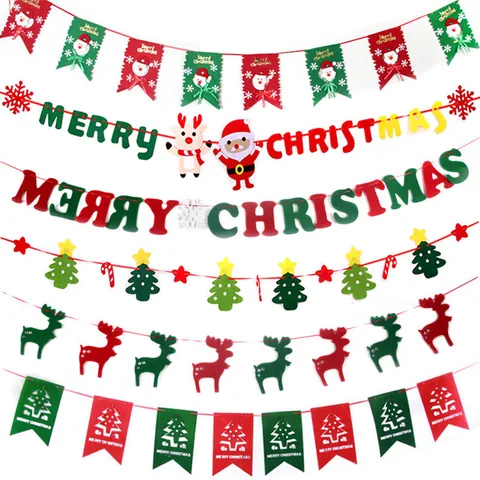 Christmas Decoration Bunting Banner Non-woven Fabric Santa Reindeer Tree Hanging Flag For Home Party Store Holiday Decor