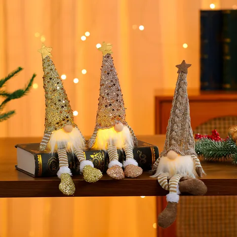 LED Christmas Sequin Gnome Plush Toy Glowing Gnome Doll Sequin Hat Star Stripes Leg Holiday Decoration Tabletop Ornament Gift