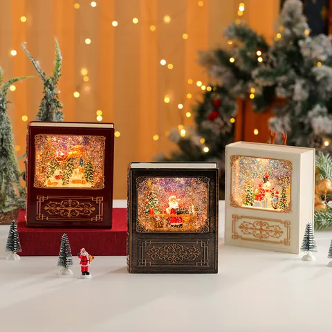 Carillon a Forma di Libro di Natale con LED Paillettes a Cascata d'Acqua Babbo Natale Pupazzo di Neve Ornamento Regalo