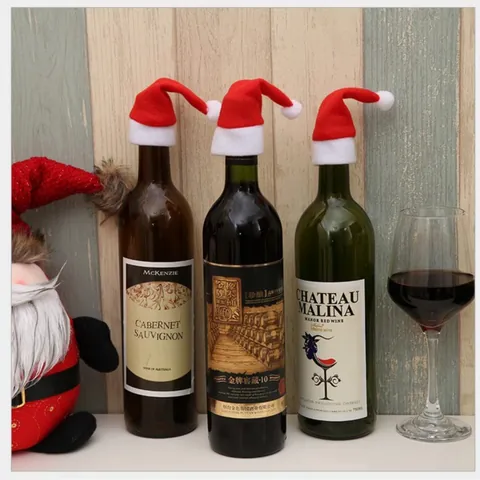 Mini Christmas Hat Silverware Holder Brushed Fabric Wine Bottle Topper Decor Xmas Party Table Dinner Decor Accessories