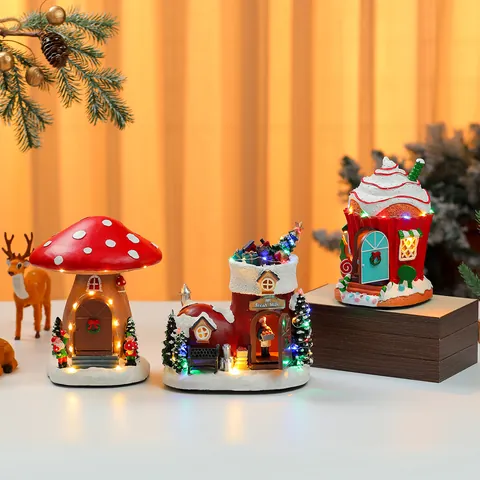 Hand Painted Resin Christmas Music Box LED Glowing House Ornament Mushroom Boot Cake Design Holiday Home Decoration Gift