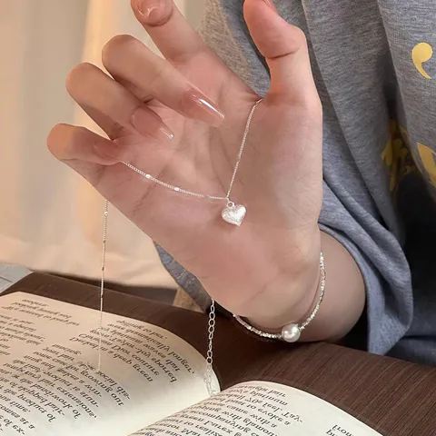 S925 Sterling Silver Brushed 3D Heart Pendant Necklace For Women Minimalist Clavicle Chain Sweet Ins Style Jewelry Gift