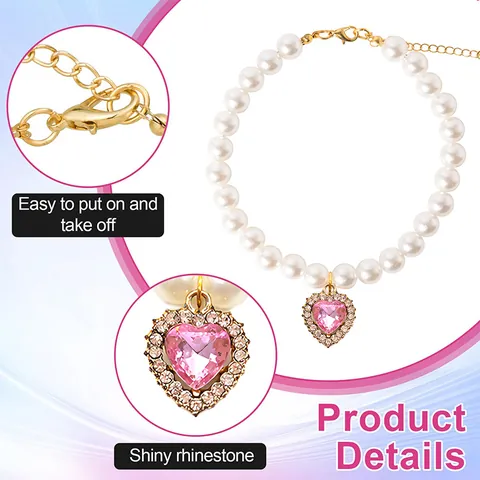 Pet Faux Pearl Rhinestone Heart Necklace Adjustable Princess Style Dog Cat Jewelry Collar For Wedding Birthday Party