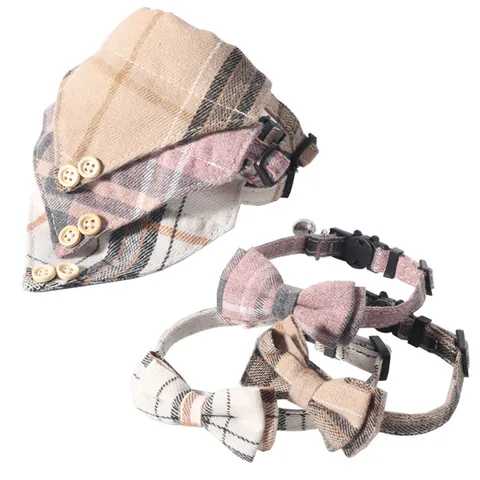 British Plaid Pet Collar Bandana Set With Bowtie And Bell Adjustable Fabric Neck Strap For Cats Small Dogs Everydays Decoration
