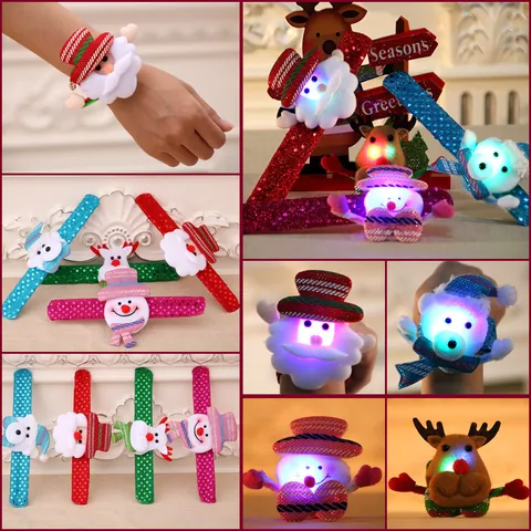 Christmas LED Glowing Slap Bracelet Sequin Flannel Santa Claus Snowman Reindeer Bear Party Favors Children Holiday Decoration Gifts