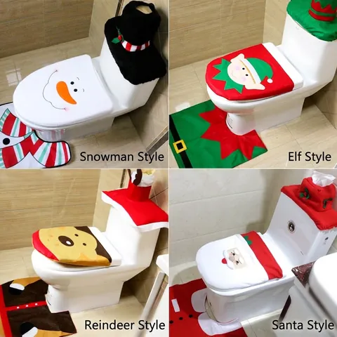 Christmas Toilet Seat Cover Set Brushed Fabric Santa Snowman Reindeer Elf Bathroom Decor Toilet Lid Tank Cover With Rug
