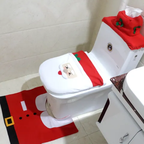 Christmas Toilet Seat Cover Set Brushed Fabric Santa Snowman Reindeer Elf Bathroom Decor Toilet Lid Tank Cover With Rug